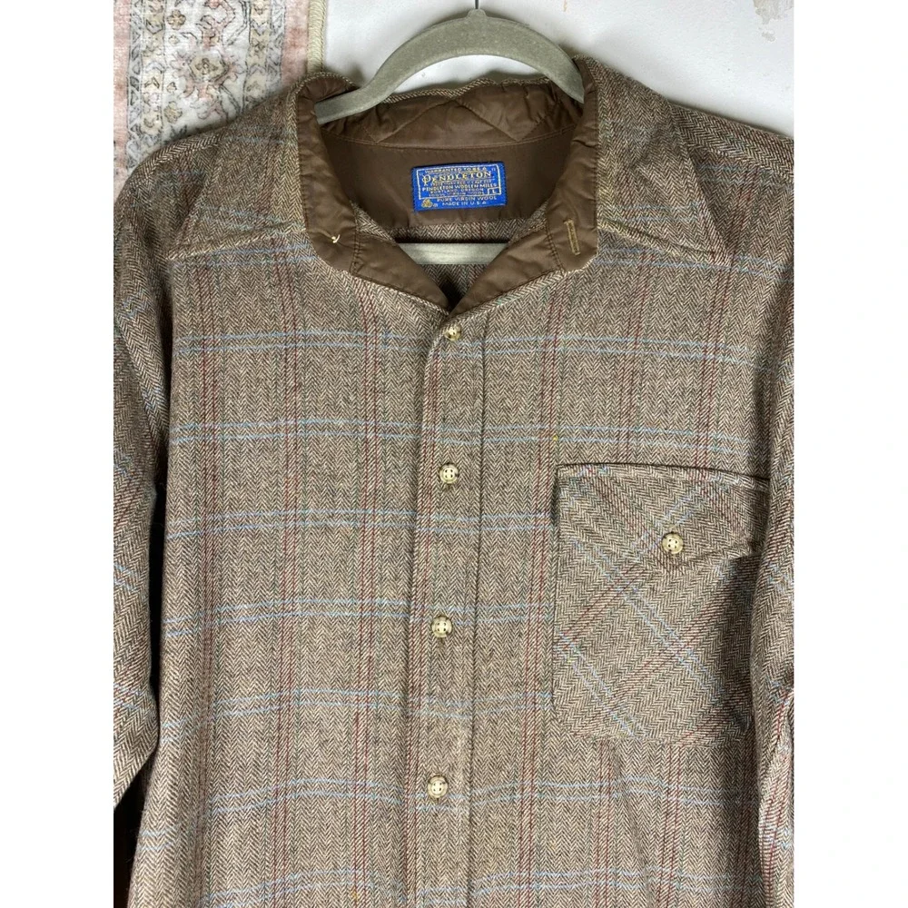 Vintage Pendleton Wool Trail Shirt Men L Brown Plaid Excellent Elbow Patches
